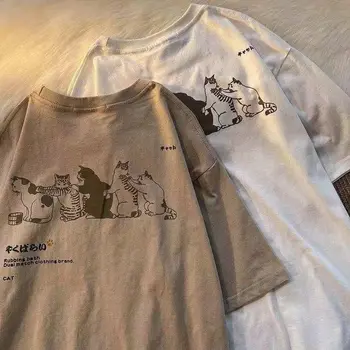 Летняя японская маленькая свежая футболка с короткими рукавами для мужчин и женщин, бренд tide, ретро футболка с рисунком кота из мультфильма с коротким рукавом