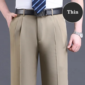 Костюмные брюки с двойной складкой, черные, коричневые деловые брюки цвета хаки для мужчин, свободные прямые мужские брюки класса, тонкие, лето 2022 г.