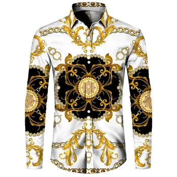 Новые мужские рубашки с отворотом в стиле ретро с золотым цветочным принтом, роскошные топы в стиле барокко с коротким/ длинным рукавом, модный кардиган на пуговицах для выпускного вечера
