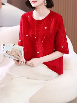 Женский высококлассный Красный топ в Западном стиле Среднего возраста 2023, Новый Стиль, Элегантная Летняя Свободная футболка для мамы Большого размера С круглым вырезом
