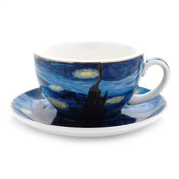 Звездное небо Ван Гога в европейском стиле, набор маленьких роскошных кофейных чашек и тарелок, чашка для рисования латте, кружка для послеобеденного чая с капучино