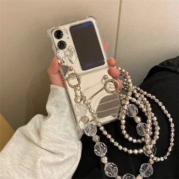 Стильный роскошный ремешок, металлический браслет с кристаллами, цепочка, чехол для телефона OPPO Find N2 FLIP, зеркальная крышка с 3D серебряным бантом findn2 flip