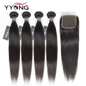Прямые волосы Yyong, 4 пучка с застежкой, Бразильские пучки из человеческих волос, плетение из натуральных волос с кружевной застежкой 4x4, наращивание волос Remy
