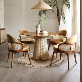 Креативная мебель для столовой в семье Современные Круглые обеденные столы из массива дерева Обеденный стол и стулья из ротанга для маленькой квартиры