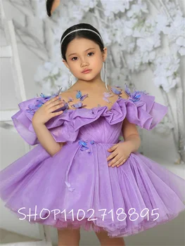 Фиолетовое платье для девочек длиной до колен, платья принцессы с цветочным узором для девочек, Милое платье для маленьких девочек, платья для девочек на День рождения
