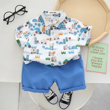 Летние рубашки для мальчиков, комплект с коротким рукавом, Шорты, Детская одежда, повседневный комплект для маленьких мальчиков из 2 предметов