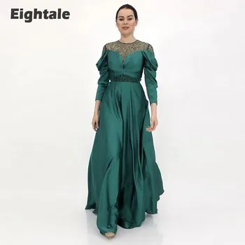Восьмицветное изумрудно-зеленое вечернее платье для женщин с длинными рукавами, расшитое бисером, атласное Платье с круглым вырезом в арабском стиле для выпускного вечера, женское платье robe de soirée
