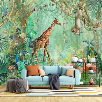 Индивидуальные 3D обои для животных-жирафов и детской комнаты в тропическом лесу, наклейки на стены для гостиной и спальни