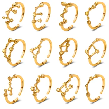 Кольцо со знаками Зодиака для женщин, Модное Открытое кольцо с цирконием для мужчин, Простое Золотое Геометрическое Металлическое Регулируемое Украшение для пары, подарок для вечеринки