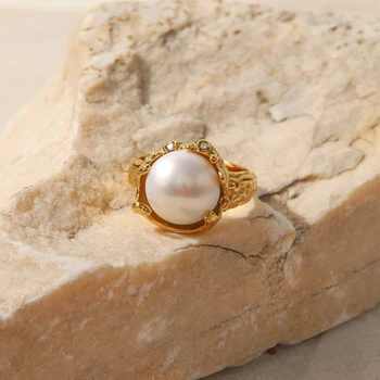 Uworld Винтажные ювелирные изделия из нержавеющей стали, большое кольцо с пресноводным жемчугом в стиле барокко для женщин, модное золотое металлическое обручальное кольцо в подарок