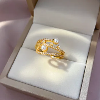 Великолепное многослойное Открытое кольцо с искусственным жемчугом и фианитами с золотым покрытием для женщин, свадебные украшения из нержавеющей стали, подарки для новобрачных