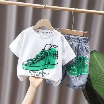 Летняя футболка с короткими рукавами Для маленьких мальчиков с 3D-принтом + Джинсовые Короткие брюки, Детская одежда из 2 предметов, Одежда для 1-10 лет