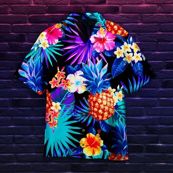 2023 Гавайская мужская рубашка с рисунком тропических фруктов, летний топ с коротким рукавом и ананасом, повседневная мужская одежда vaction оверсайз