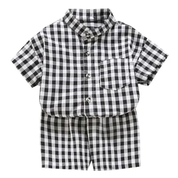 Комплекты детской одежды в клетку для маленьких девочек и мальчиков, летняя хлопковая рубашка с коротким рукавом и отложным воротником, шорты, одежда из 2 предметов