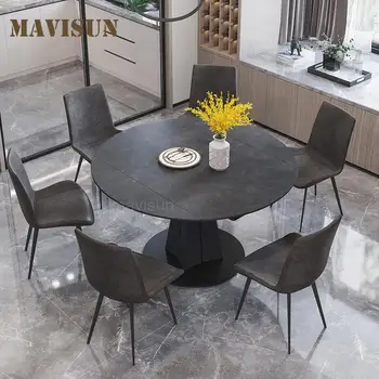 Круглый обеденный стол из вращающейся каменной плиты в европейском стиле, Современный минималистичный Многофункциональный складной столик для маленькой квартиры