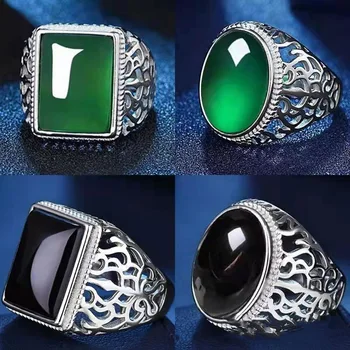 Модное обручальное кольцо серебристого цвета для мужчин, крутое мужское кольцо с полым цветочным узором и зеленым камнем на палец, аксессуары, ювелирные изделия в стиле хип-хоп