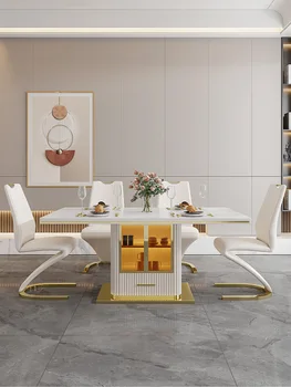 Роскошный современный простой бытовой обеденный стол прямоугольная комбинация обеденных столов и стульев из светлой каменной плиты