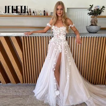 JEHETH Сексуальное свадебное платье трапециевидной формы с открытыми плечами 2023 Бохо Кружевные аппликации 3D цветы Свадебные платья на заказ Vestido De Novia