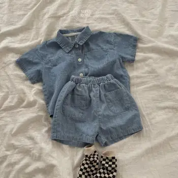 Классный джинсовый комплект, однотонная рубашка для девочек, футболка с короткими рукавами и отложным воротником, короткие джинсы, модный костюм для мальчиков высокого качества