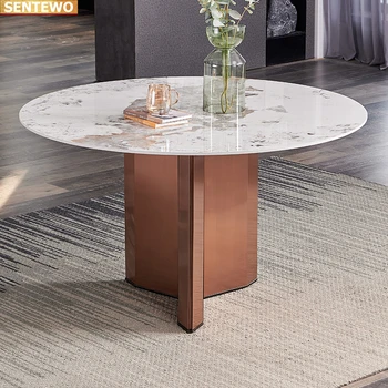 Дизайнерский Роскошный обеденный стол с круглым столом из мраморной плиты и 8 стульев mesa de jantar a manger Мраморное основание из нержавеющей стали и золота