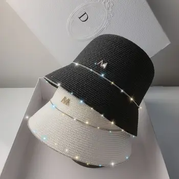 2023 Новая Летняя Винтажная панама M Mark Женская Солнцезащитная соломенная шляпа с ромбовидным дисплеем Маленькая шляпа для бассейна