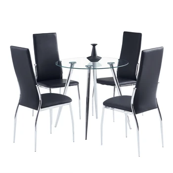 Набор стульев для обеденного стола включает 1 Двухслойный Квадратный Обеденный Стол из закаленного Стекла + 4 Простых плоских Обеденных стула из искусственной кожи Черного цвета [US-W]
