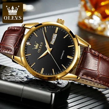 OLEVS, мужские деловые модные автоматические механические наручные часы, ремешок из натуральной кожи, полностью автоматические Водонепроницаемые светящиеся мужские часы