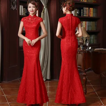 Модный Красный кружевной Чонсам, современное китайское традиционное свадебное платье, женское Vestido, Восточные воротники-стойки, Сексуальное Длинное Qi Pao