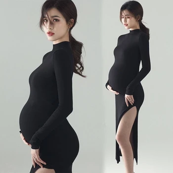 Новые Черные Сексуальные платья для беременных, реквизит для фотосессии, одежда для беременных с разрезом сбоку, платье для фотосессии беременных женщин