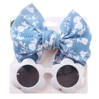 Комплект солнцезащитных очков и повязки с бантиком для маленькой девочки N80C, эластичные бантики для волос, милые очки с подсолнухом, реквизит для фотосессии для маленькой девочки