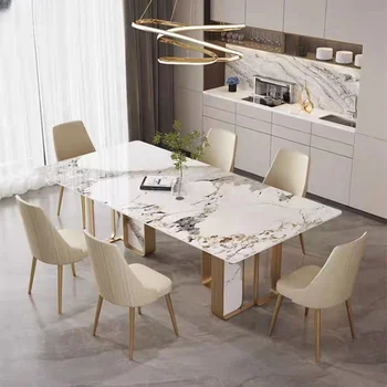 Роскошный обеденный стол из каменной плиты, набор из 6 стульев, металл, Титановая глазурь, Золотая рама, стол из искусственного мрамора, Кухонная мебель