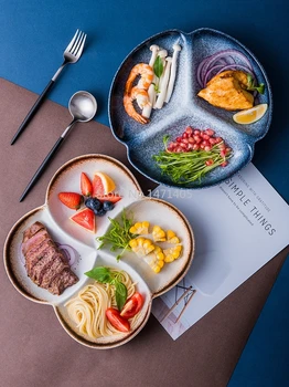 Обеденная тарелка в японском стиле, Керамическая Разделительная Тарелка, Бытовая Разделительная Посуда, Креативное Блюдо с тремя решетками, Тарелка с пониженным содержанием жира