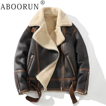Мужская флисовая куртка из искусственной кожи в стиле пэчворк ABOORUN, зимнее мотоциклетное кожаное пальто для мужчин
