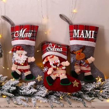 Большие клетчатые носки для рождественских кукол с именем, Персонализированные рождественские чулки, украшения, Детский подарочный пакет, пакет для конфет