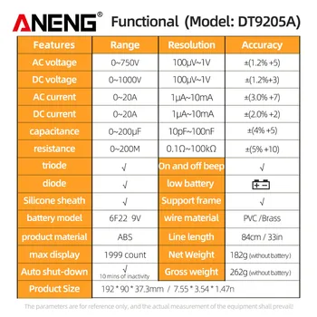 ANENG DT9205A, Цифровой мультиметр, Транзисторные тестеры, Конденсаторный Истинно-среднеквадратичный Тестер, Автомобильный Измеритель электрической емкости, Температурный диод