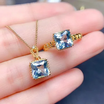 Новый набор с имитацией морского голубого топаза, Простое открытое кольцо, женское модное ожерелье с подвеской