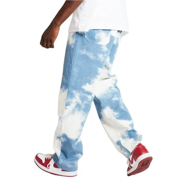 Европейские и американские мужские свободные джинсы, синие и белые муаровые модные дышащие прямые брюки, повседневная спортивная одежда в стиле хип-хоп, брюки