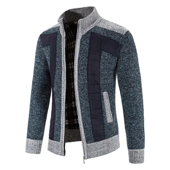 Зимний Толстый теплый свитер, мужской кардиган, модный вязаный кардиган из флиса в стиле пэчворк, пальто, мужской свитер со стоячим воротником, вязаная куртка