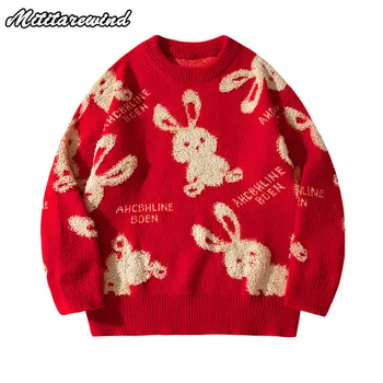 Китайские Модные Красные Повседневные Свитера Rebbits Flocking С Круглым вырезом, Весенний Фестивальный Дизайн, Мужские И Женские Пуловеры, Свободная Одежда