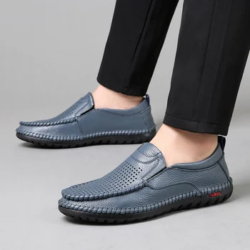 Мужские сандалии с отверстиями для обуви Lefu, мужская деловая обувь хорошего качества, мужские лоферы без застежки, формальные кожаные повседневные лодочки в британском стиле