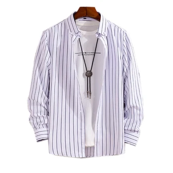 Мужская повседневная рубашка в полоску, Белый корейский стиль, Весна-лето, длинный рукав, 100% полиэстер TPR04