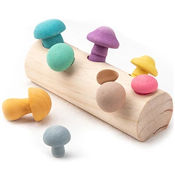 Деревянные радужные кубики, игра по сбору грибов, развивающие деревянные детские игрушки Монтессори, подбирающие форму для сборки, захват для сборки