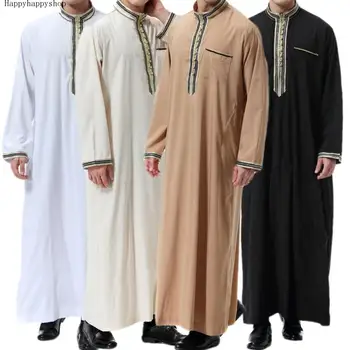 Традиционная одежда Ближнего Востока Для мужчин Со стоячим воротником Джубба Тобе Повседневная Длинная Блузка Арабский Кафтан Мусульманский Свободный халат