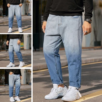 Модные брюки из больших мужских джинсов, брюки с девятью точками, простые джинсы большого размера, мужские свободные брюки с прямыми штанинами, плюс удобрения