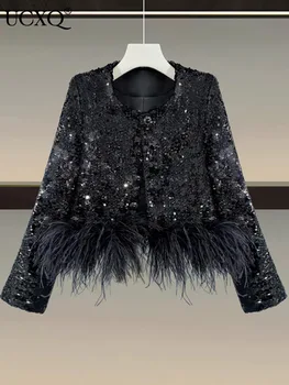 UCXQ Винтажный женский твидовый жакет с блестками, V-образный вырез, длинный рукав, лоскутное шитье из перьев, повседневное короткое пальто, женская мода, весна 2023 г.