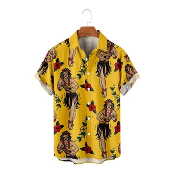 Желтая рубашка с 3D принтом Гавайская мужская одежда Летний Повседневный Свободный топ с короткими рукавами 4XL Дышащая рубашка Топ