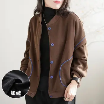 Женское пальто из хлопка с высоким содержанием хлопка, осень и зима 2023, повседневный женский топ с круглым вырезом, черный кардиган с длинным рукавом для пригородных поездок, женское пальто