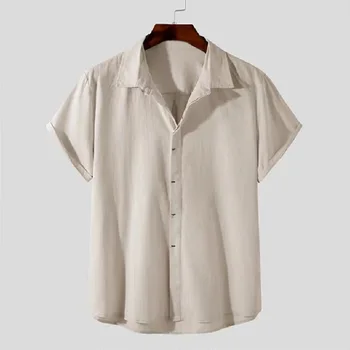Однотонная Рубашка Мужская 2023 Летняя Новая Мода Простые Свободные Потайные Пуговицы С Короткими рукавами И Лацканами Повседневная Рубашка Тренд Мужская Одежда