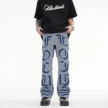 Синяя сетчатая нашивка с вышивкой готическими буквами, Прямые джинсы, мужские черные Модные повседневные джинсовые брюки в стиле пэчворк
