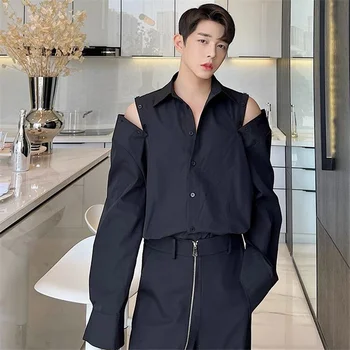 Дизайн пуговиц на плечах 2023, Корейская мода, Черно-белая рубашка с длинным рукавом, Мужская Открытая блузка с открытыми плечами